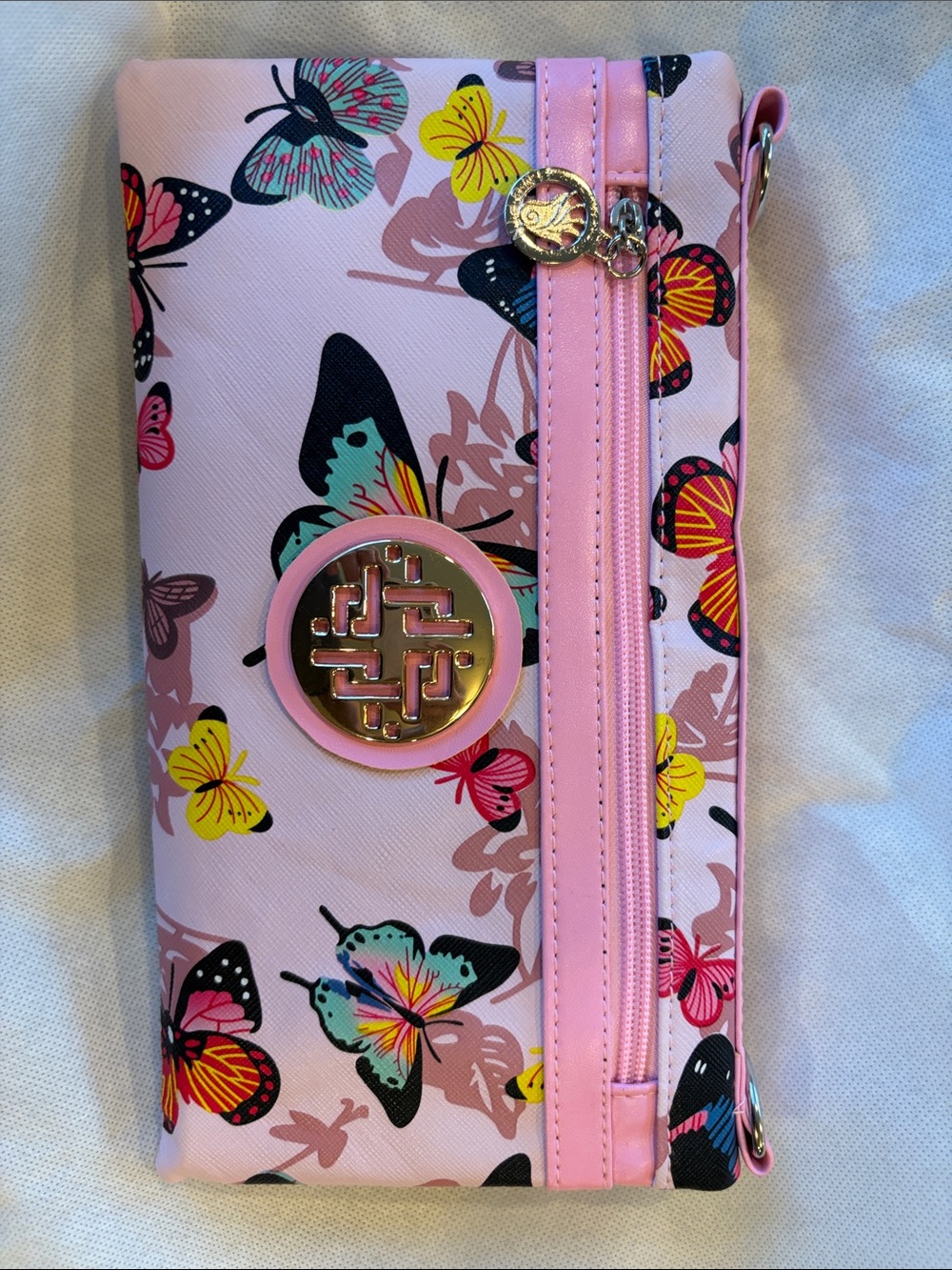 Pink Butterfly Cross Body Bag with Gold Medallion